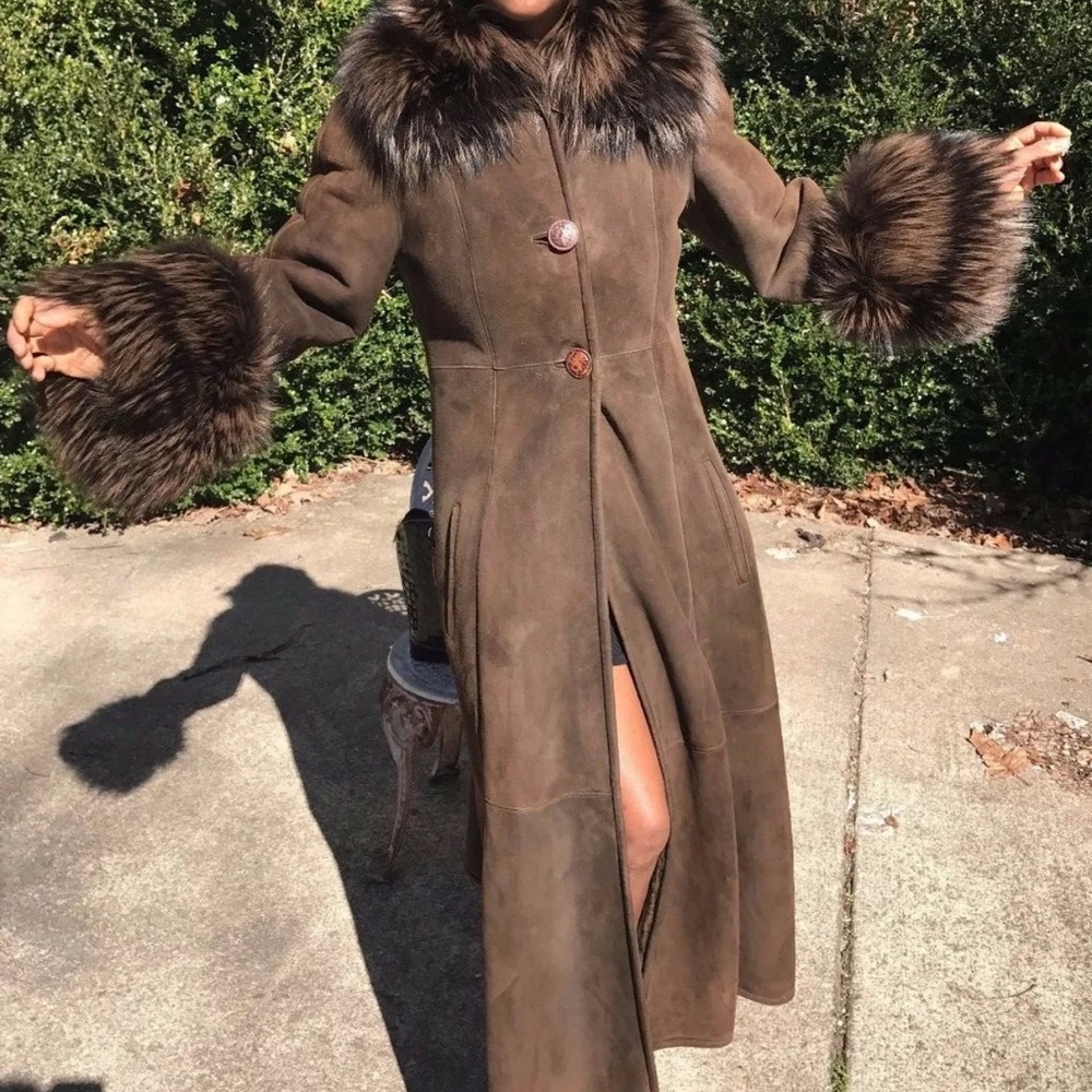 Mint Designer Full length Sable brown Shearling & Yellow tip Fox Fur Coat S 0-4 - Picture 15 of 16